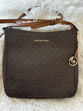 Michael Kors Jet Set Brown MK Signature Coated Canvas Crossbody Messenger Bag
